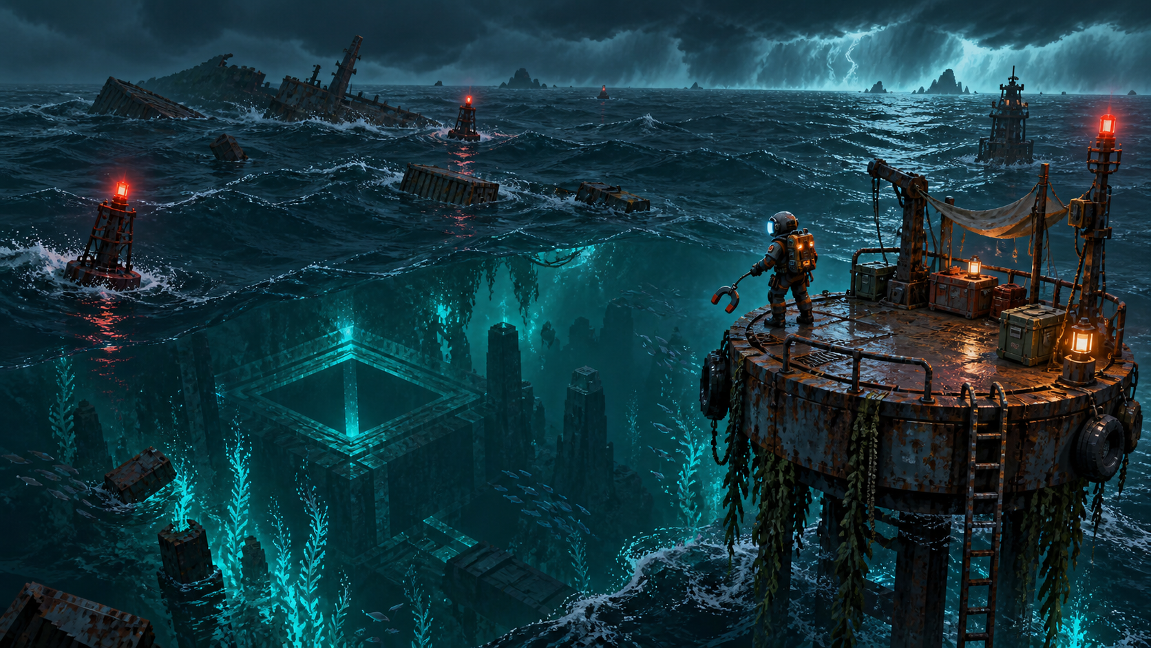 A lone salvage diver above a glowing drowned structure